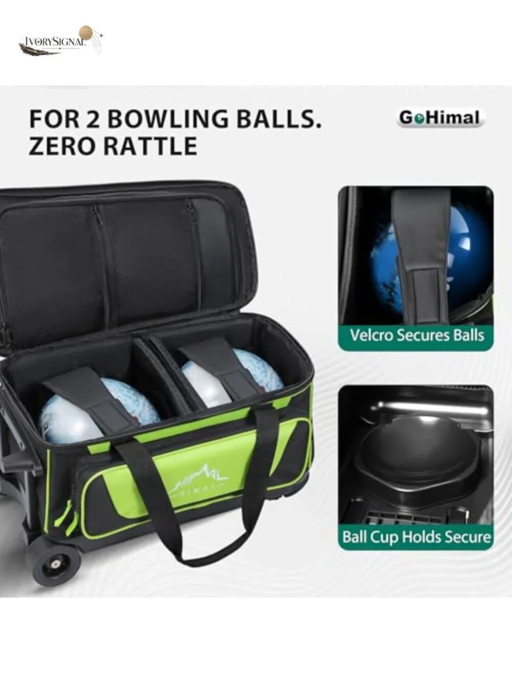 GoHimal 2-Ball Bowling Bag with Wheels, Large Storage Pocket